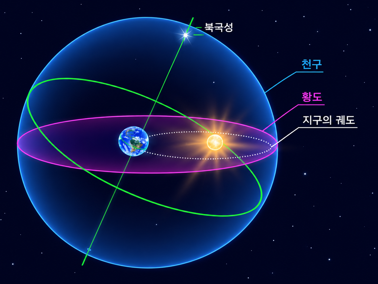 지구를 감싸는 천구 위에, 지구 자전축이 가리키는 북극성과 천구의 적도, 태양이 지나는 길인 황도, 그리고 실제 지구의 공전 궤도를 함께 나타낸 그림