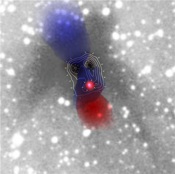 전파로 관측된 (등고선으로 표시된) 세 개의 가스덩어리